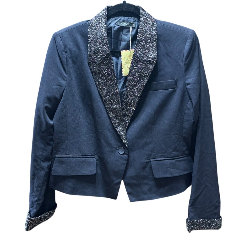 Black Blazer Sequins Embellished Lapel Cuffs Single Button Jacket Size M